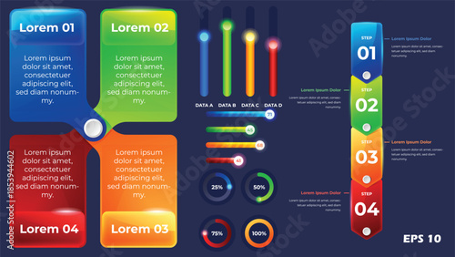 Modern Business Dashboard Infographic Template. UI Kit with Glossy 3D Panels, Glowing Progress Bars, Data Charts, and 4-Step Process Arrow for Tech Analytics. Professional Vector EPS 10