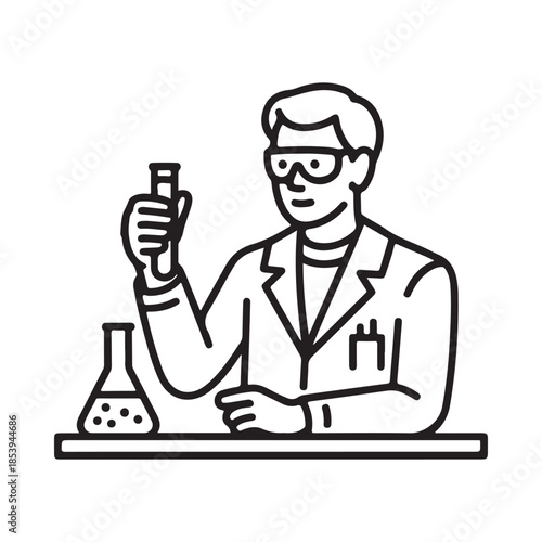 A scientist examining a test tube over a laboratory bench