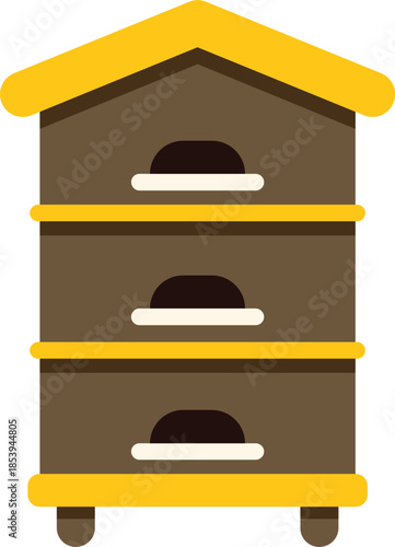 Classic wooden beehive with a yellow roof is standing on a white background, providing a home for bees and facilitating honey production