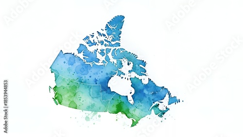 Abstract watercolor map of Canada with blue and green hues
