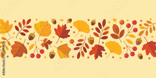 A cheerful horizontal illustration displays varied autumn leaves, red berries, and acorns on a warm pale backdrop