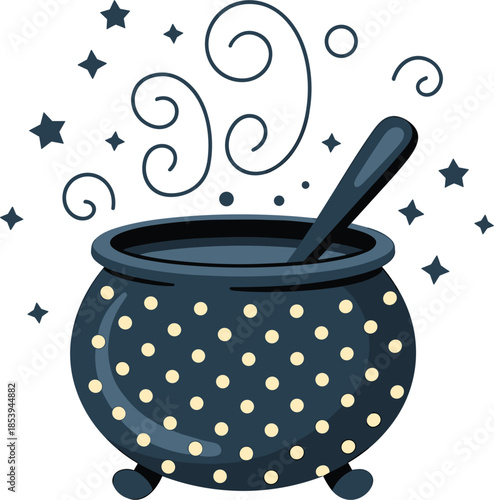 Cartoon Witch's Cauldron With Bubbling Potion And Stars On White Background magic