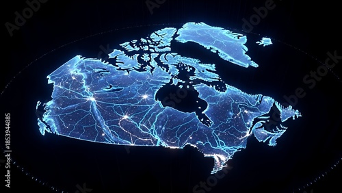 Futuristic digital map of Canada with glowing network connections