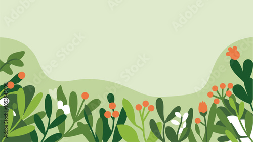 A cheerful illustration features green foliage with vibrant orange berries and flowers against a light background
