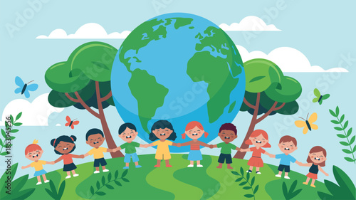 A cheerful illustration shows diverse children holding hands around a large vibrant Earth globe, promoting global friendship