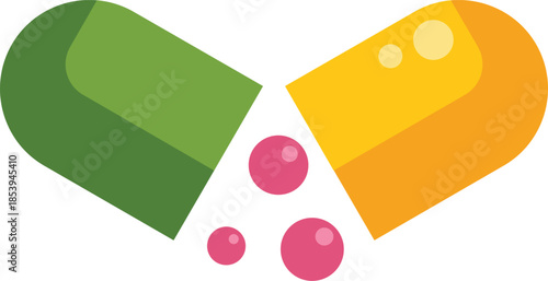 Green and yellow pill capsule opening and releasing tiny pink beads on a white background