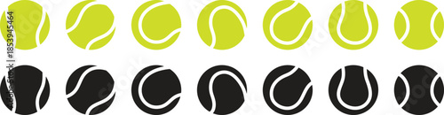 Tennis ball icon set, solid and outline versions, minimal flat style, sport equipment vector, clean graphic design elements collection