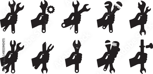 A collection of strong human hands gripping various essential work tools like wrenches, pliers, and screwdrivers, rendered in a detailed vintage vector style.