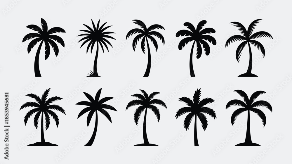 Obraz premium A collection of various black palm tree silhouettes stands elegantly against a soft light grey background