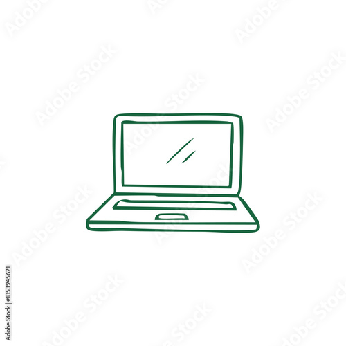 A simple, green-outlined sketch of an open laptop on a white background