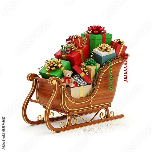 A festive holiday sleigh overflowing with colorful gifts and a teddy bear isolated on white background