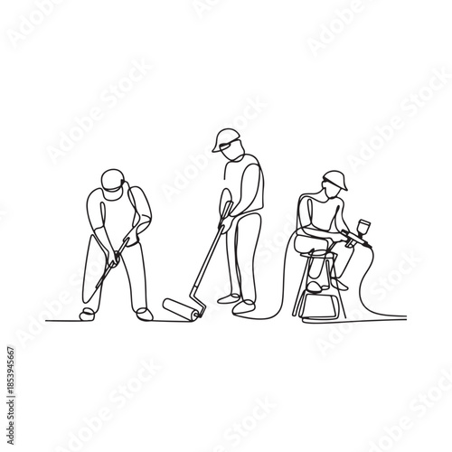 Continuous line drawing of construction workers performing various tasks