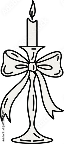 Lit Candle In Ornate Candlestick With A Large Bow On White Background flame burning