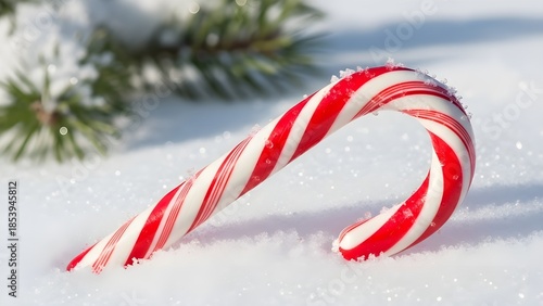 A classic red and white striped candy cane lies in soft, fresh white snow, evoking the sweet essence of holiday celebrations and winter charm, with a hint of green pine
