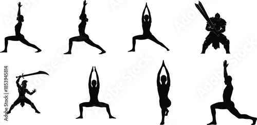 A series of yoga poses in silhouette against a white background