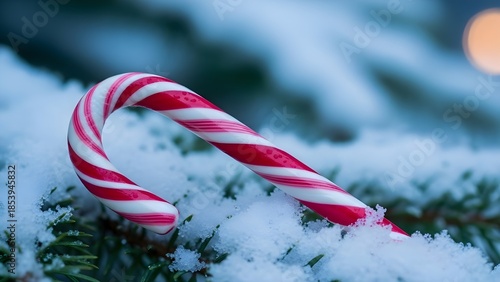 A vibrant red and white striped candy cane, a sweet emblem of holiday cheer, rests on a snow-covered evergreen branch, evoking the festive magic of winter