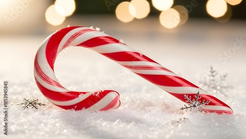 Festive Candy Cane with Snow and Bokeh Lights, a Sweet Christmas Treat