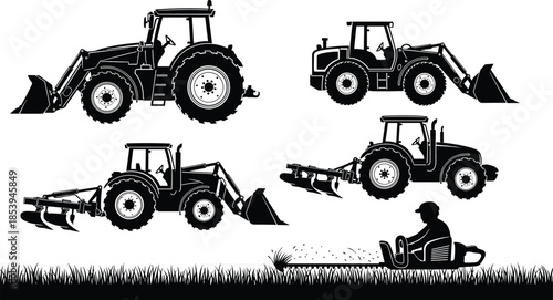 Agricultural machinery, landscaping equipment, tractor silhouette, ride-on mower, farming tools, rural field, black vector, outdoor work, cad drawing flat vector illustration