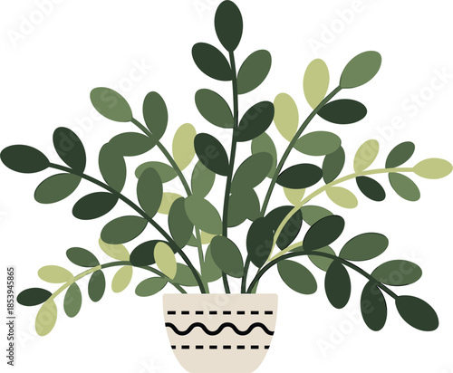 Potted Houseplant with Green Leaves in a Decorative Pot vector illustration