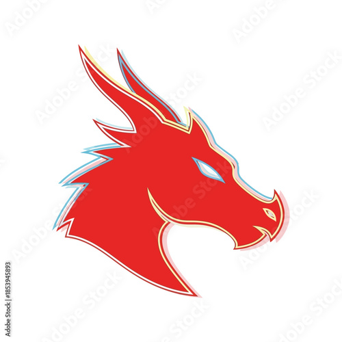 Illustration of a stylized red dragon's head with glowing blue and yellow outlines, symbolizing power and myth