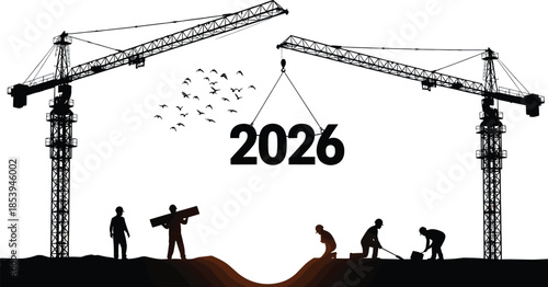 Construction cranes lifting 2026, workers silhouette, future development, infrastructure planning, progress concept, cad drawing flat vector illustration, black white art