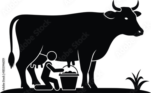 Cow milking silhouette, traditional farming vector, rural agriculture scene, manual milk collection, black and white artwork, livestock care concept