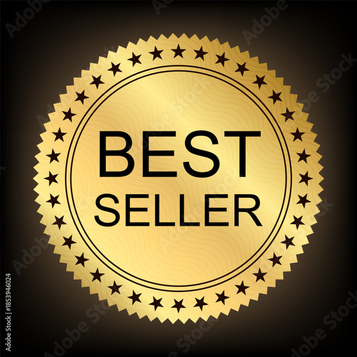 Best Seller Gold Round Circle Serrated Edge shiny sticker Badge with stars icon, Sale Label sticker vector isolated on dark background ready for print