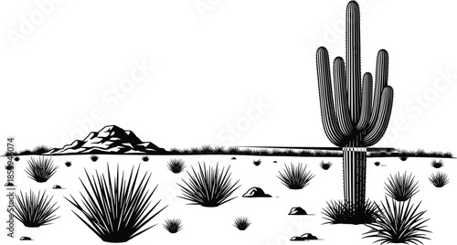 Desert landscape, cactus silhouette, arid terrain, rocky hills, agave plants, yucca, black vector, nature scene, outdoor view, cad drawing flat vector illustration