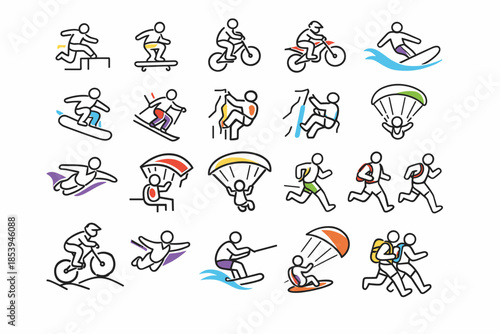 A set of 20 simple vector icons (stickman style with bright color accents on clothing and equipment) on the theme of extreme and adventure sports.