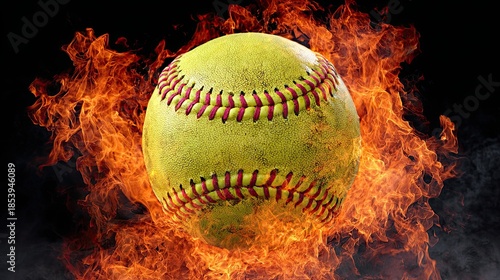 Close-up of yellow softball with red stitches engulfed in flames on black background, symbol of intensity