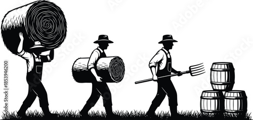 Farmers carrying hay bale, pitchfork worker, rural labor scene, agriculture tools, black silhouette, CAD drawing, flat vector, traditional farming