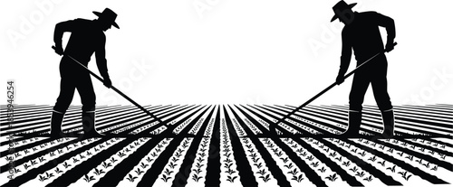 Farm workers, crop field, agricultural labor, black silhouette, hoeing plants, rural farming, outdoor work, nature scene, cad drawing flat vector illustration