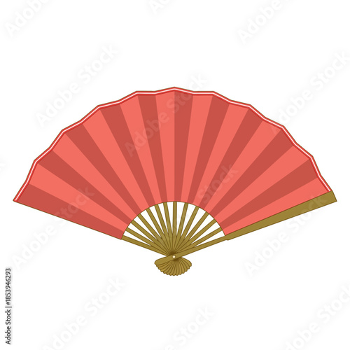 A vibrant coral-colored hand fan with a golden grip, elegantly fanned open against a clean white background, showcasing its delicate structure and decorative appeal