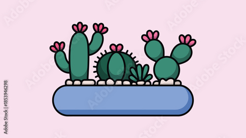 A cute cartoon display of green succulents and flowering cacti placed in a light blue rectangular pot