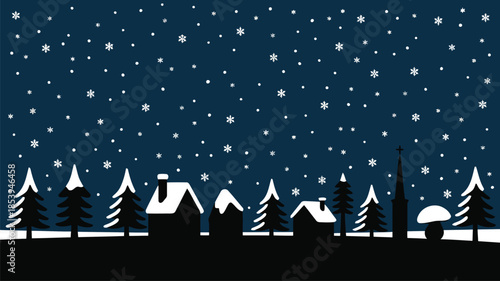 A festive winter village silhouette featuring houses, trees, and a church steeple under a starry snowy sky