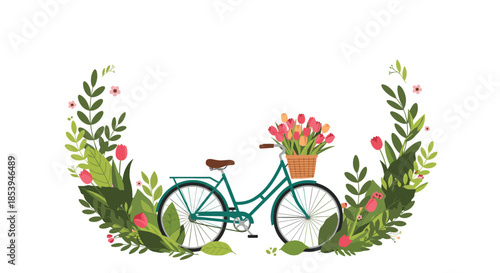 Beautiful illustration of a vintage teal bicycle with a basket of tulips surrounded by a lush frame of flowers and leaves.