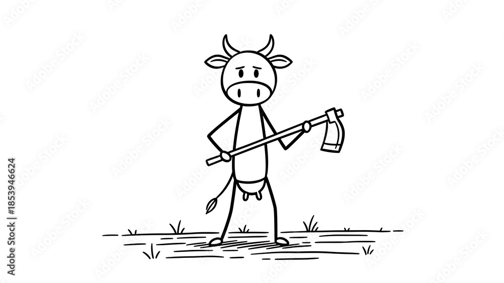 Obraz premium Stick Figure Cow Holding a Hoe in a Field.
