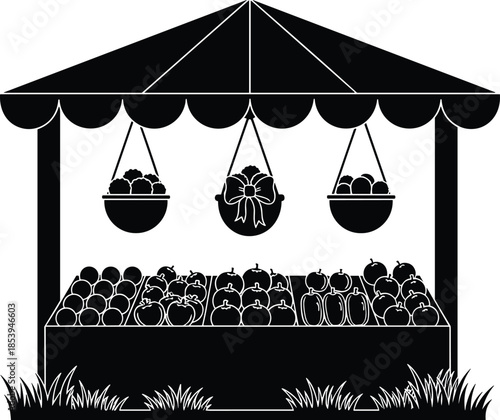 Fruit market stall silhouette illustration with fresh vegetables hanging baskets simple street shop design cad drawing flat vector illustration art