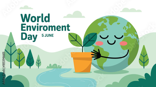 A happy cartoon Earth character gently embracing a potted plant for World Environment Day on June 5