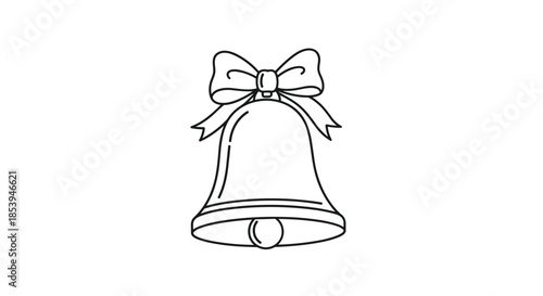 Simple black and white line art drawing of a classic holiday bell with a large ribbon bow on top.