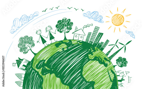 A hand drawn sketch shows a green Earth with happy people, trees, houses, and sustainable city elements