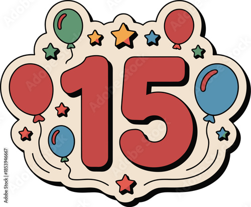 Vibrant cartoon number fifteen with balloons and stars