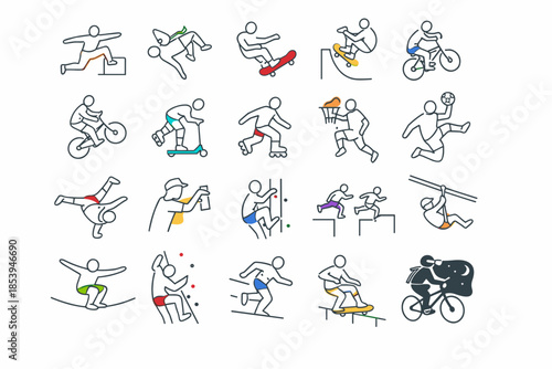 A set of 20 simple vector icons (stickman style with minimal color accents) on the theme of urban extreme sports and street action sports.