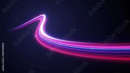 Abstract neon glowing wavy light trails on dark blue background art