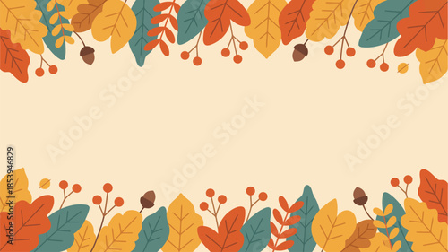 A lovely collection of colorful autumn leaves and acorns forms decorative borders on a light cream background