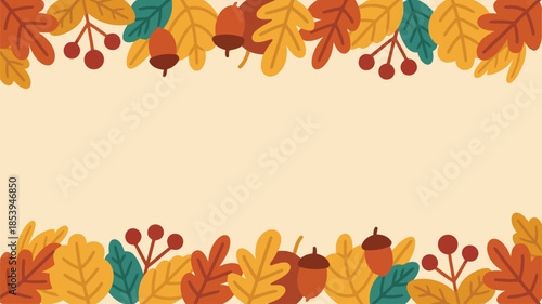 A lovely autumnal frame design showcasing colorful leaves, red berries, and acorns on a light beige background