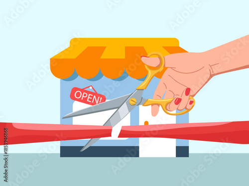 hand with scissors cutting ribbon cut red ribbon ceremony new store concept