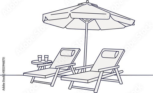 Two Lounge Chairs and Umbrella on White Background for Relaxation beach chair sun lounger