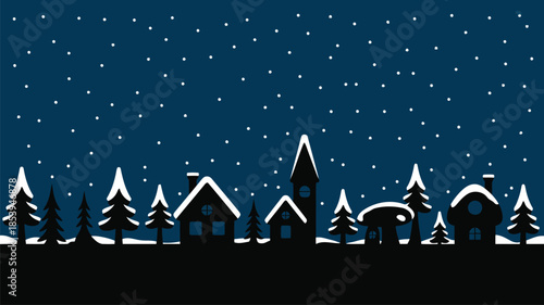 A picturesque village silhouette featuring houses, trees, and a tall tower against a dark snowy sky
