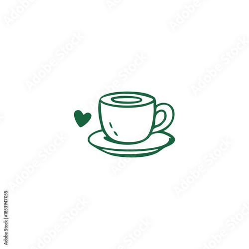 A stylized green coffee cup with heart symbol, sitting on a saucer on a white background
